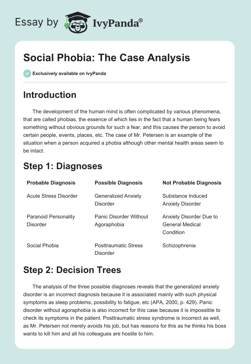 Social Phobia: The Case Analysis. Page 1