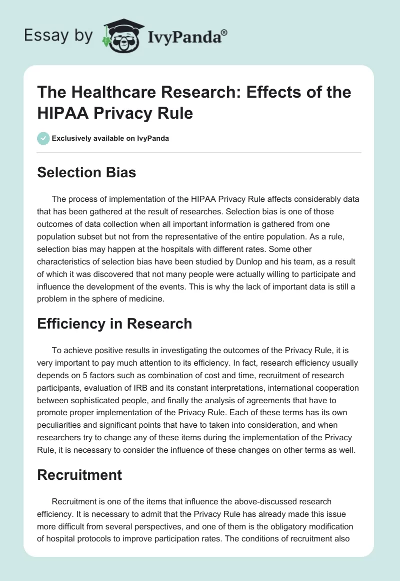 The Healthcare Research: Effects of the HIPAA Privacy Rule. Page 1