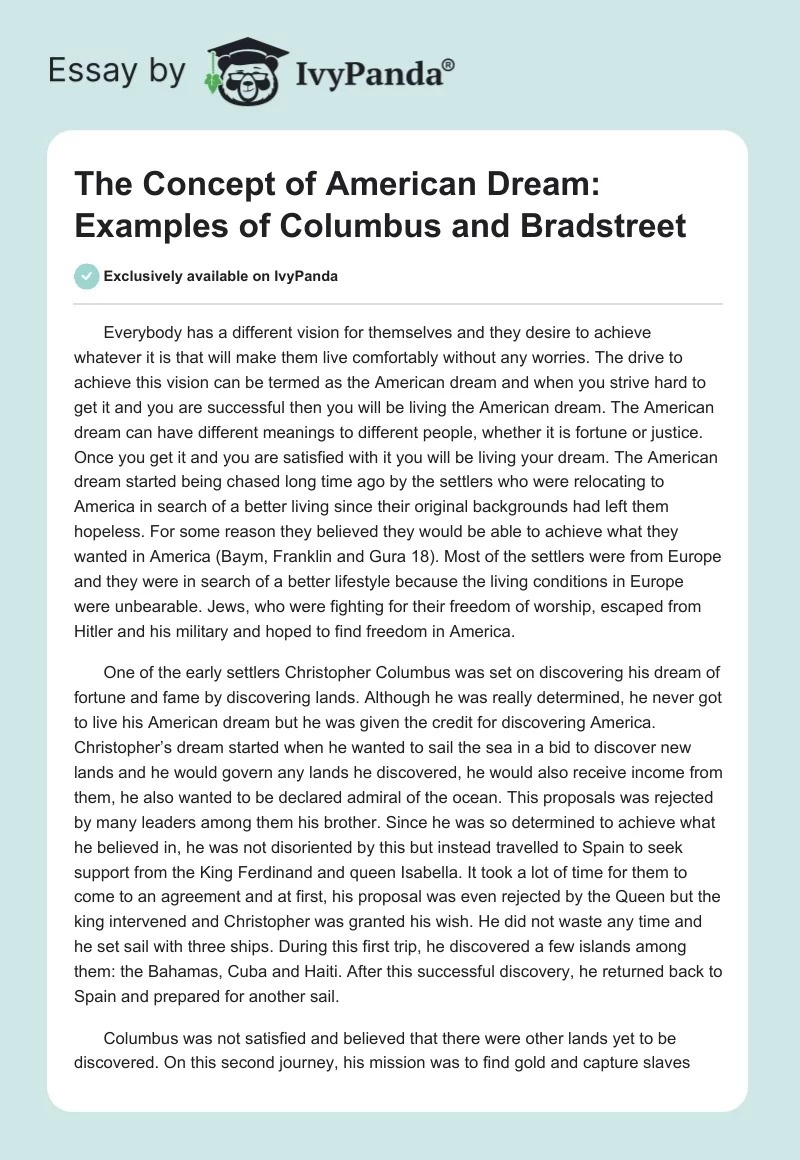 The Concept of American Dream: Examples of Columbus and Bradstreet. Page 1