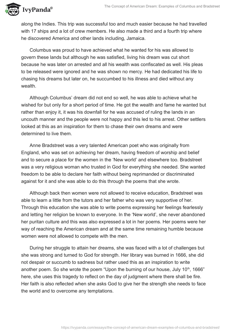The Concept of American Dream: Examples of Columbus and Bradstreet. Page 2