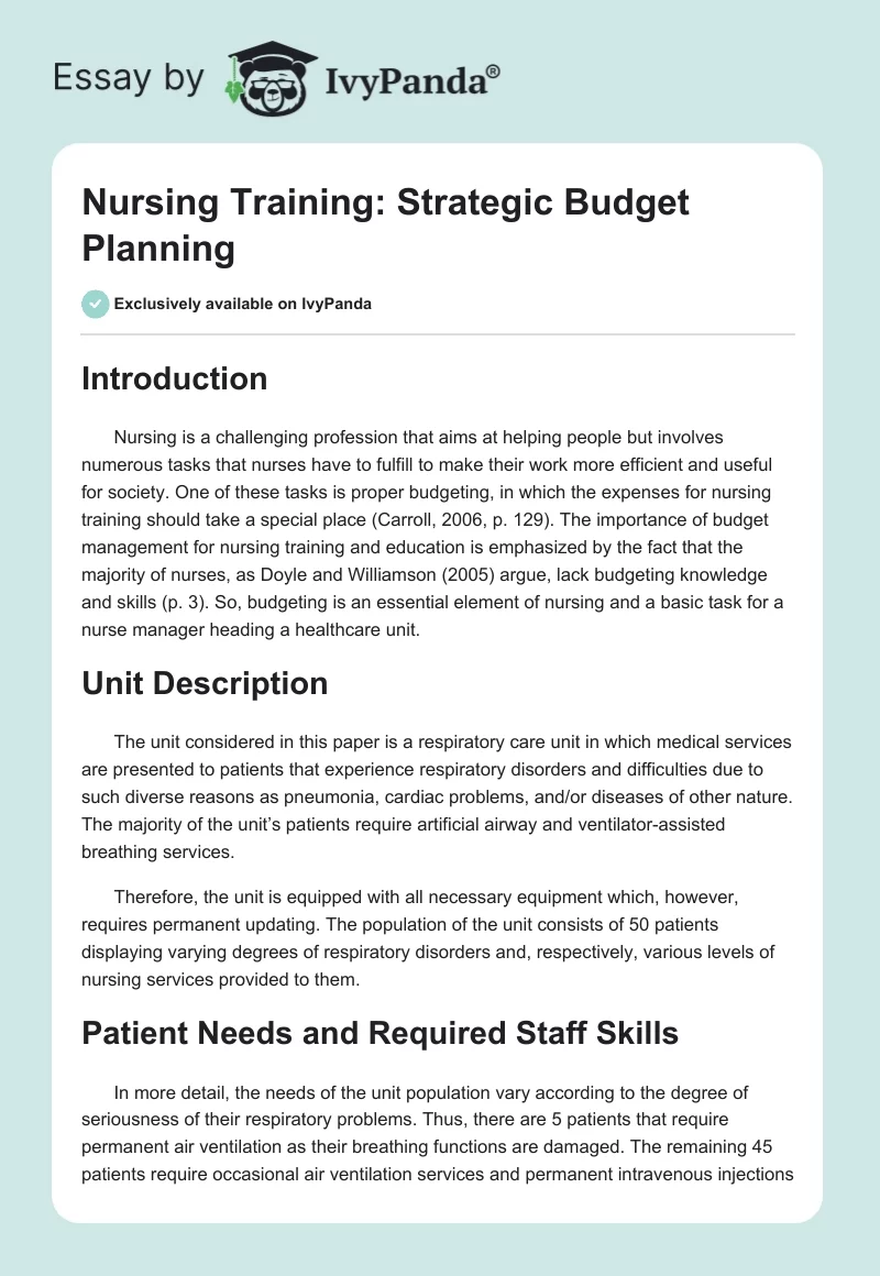 Nursing Training: Strategic Budget Planning. Page 1