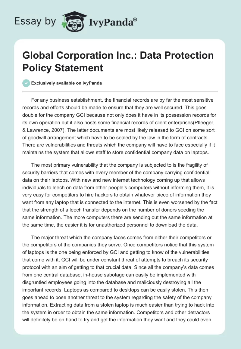 Global Corporation Inc.: Data Protection Policy Statement. Page 1