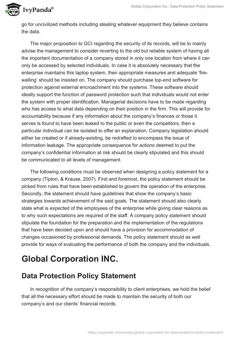 Global Corporation Inc.: Data Protection Policy Statement. Page 2
