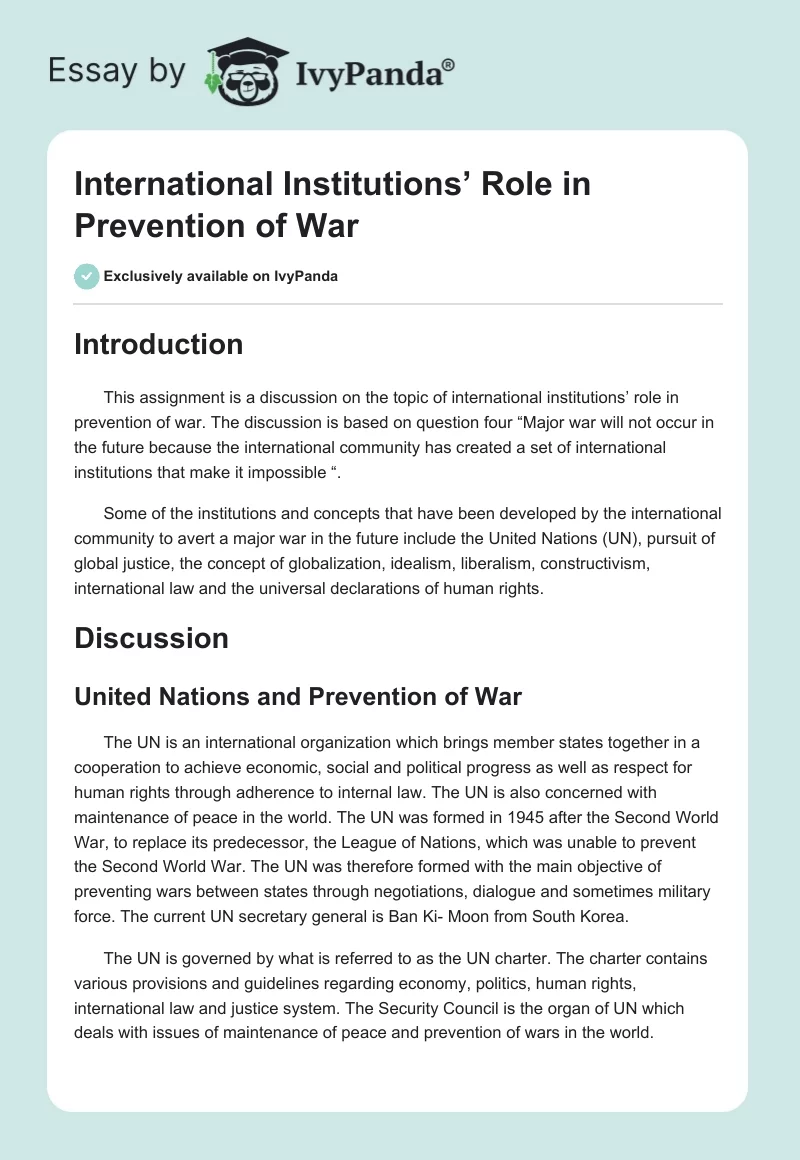 International Institutions’ Role in Prevention of War. Page 1