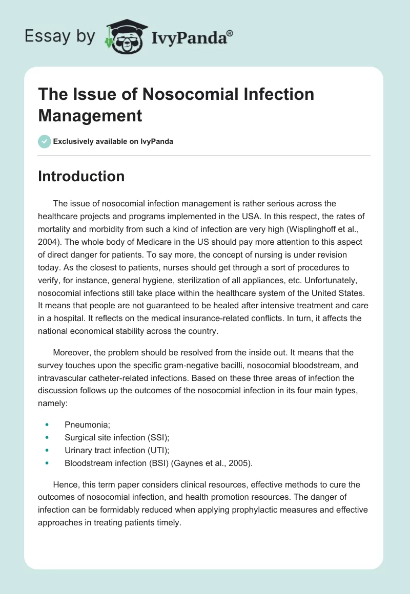 The Issue of Nosocomial Infection Management. Page 1