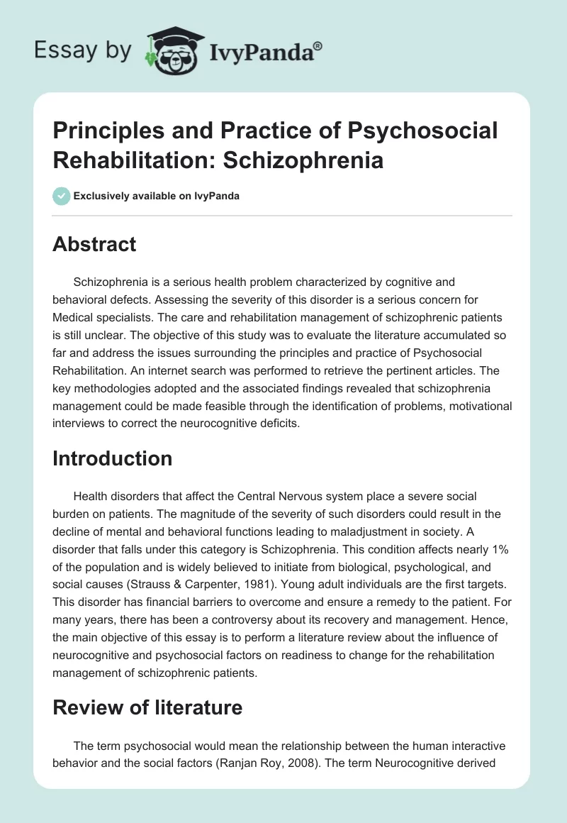 Principles and Practice of Psychosocial Rehabilitation: Schizophrenia. Page 1