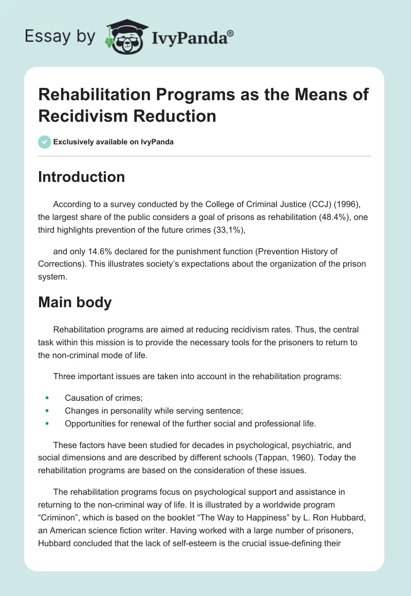 Rehabilitation Programs as the Means of Recidivism Reduction. Page 1