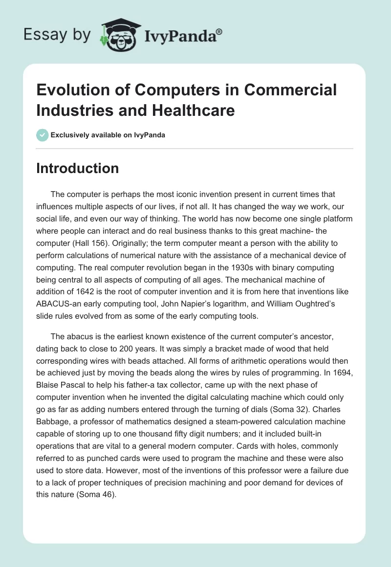 Evolution of Computers in Commercial Industries and Healthcare. Page 1