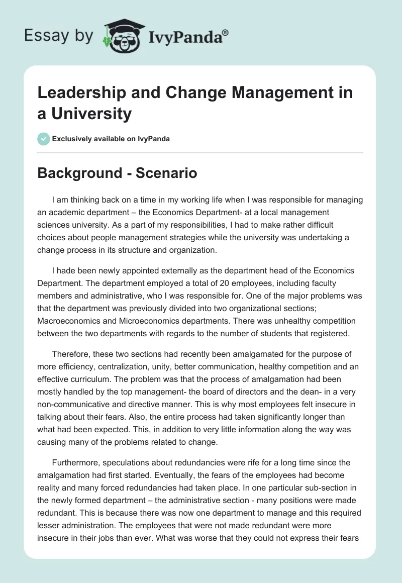 Leadership and Change Management in a University. Page 1