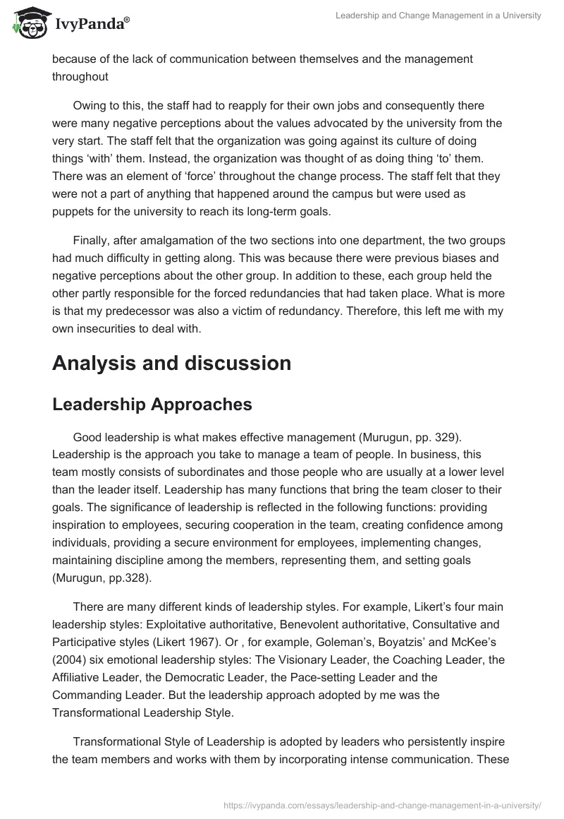 Leadership and Change Management in a University. Page 2