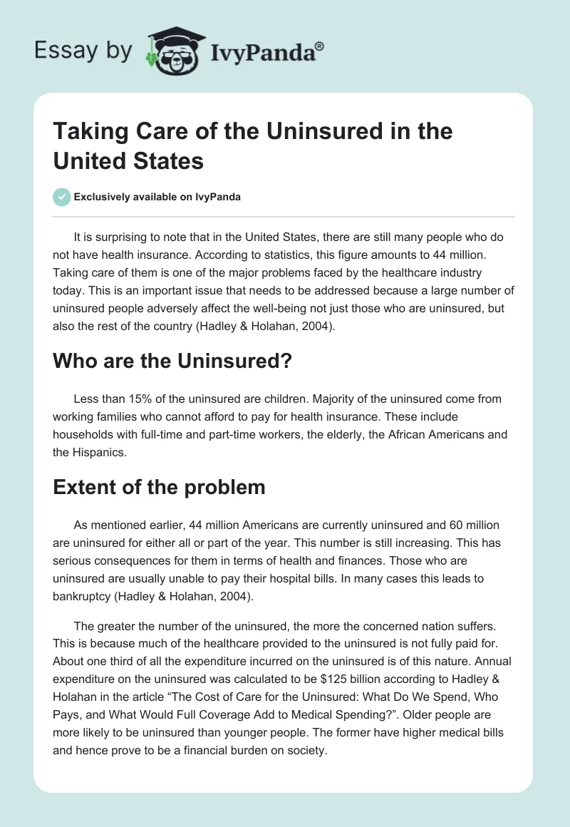 Taking Care of the Uninsured in the United States. Page 1
