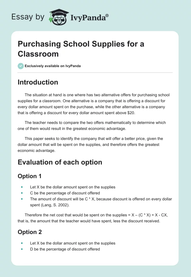 Purchasing School Supplies for a Classroom. Page 1