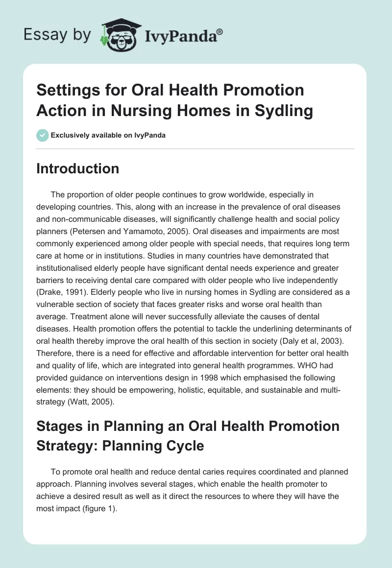 Settings for Oral Health Promotion Action in Nursing Homes in Sydling. Page 1