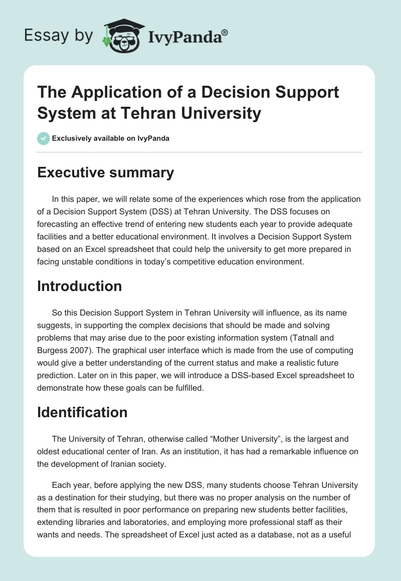 The Application of a Decision Support System at Tehran University. Page 1