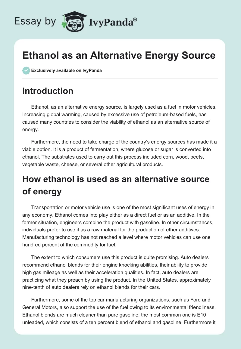 Ethanol as an Alternative Energy Source. Page 1