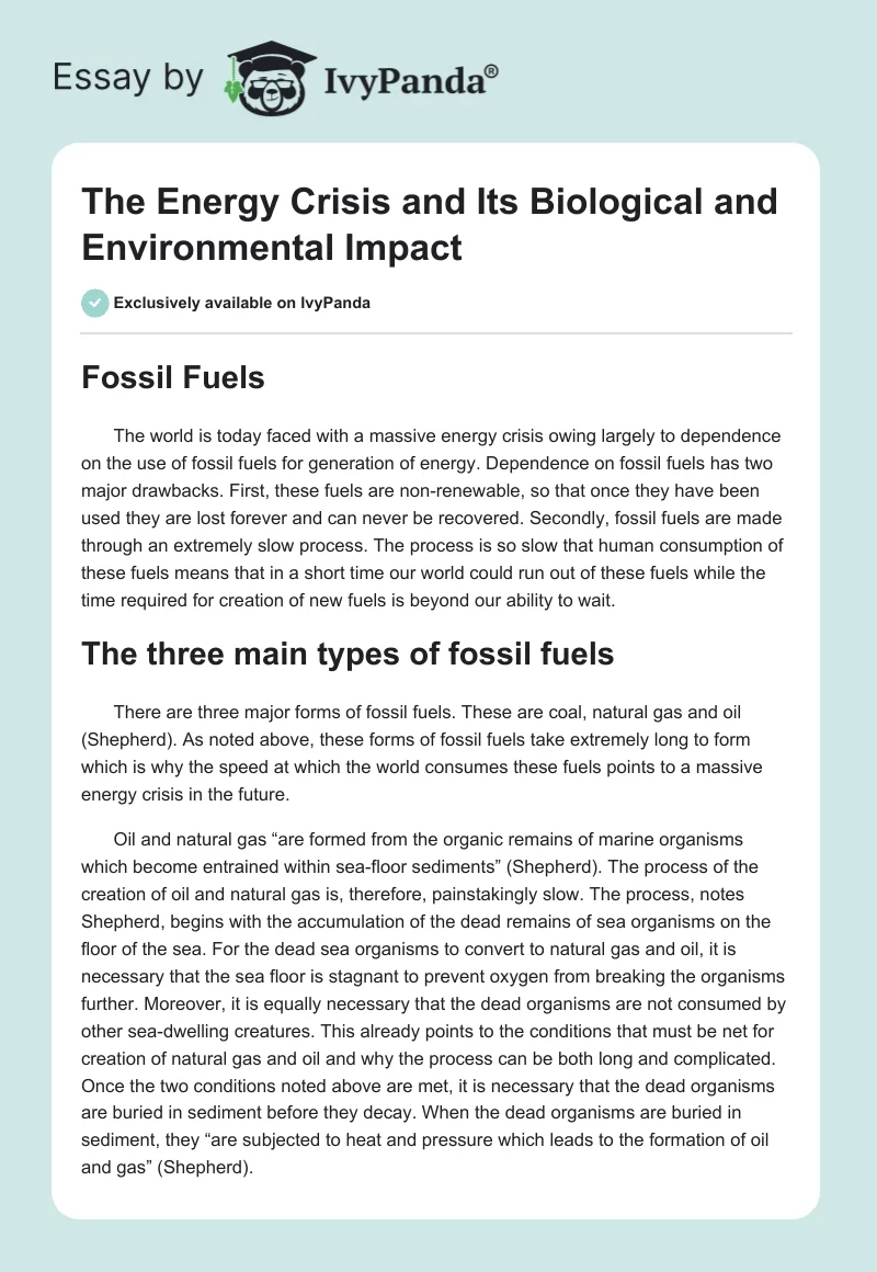 The Energy Crisis and Its Biological and Environmental Impact. Page 1