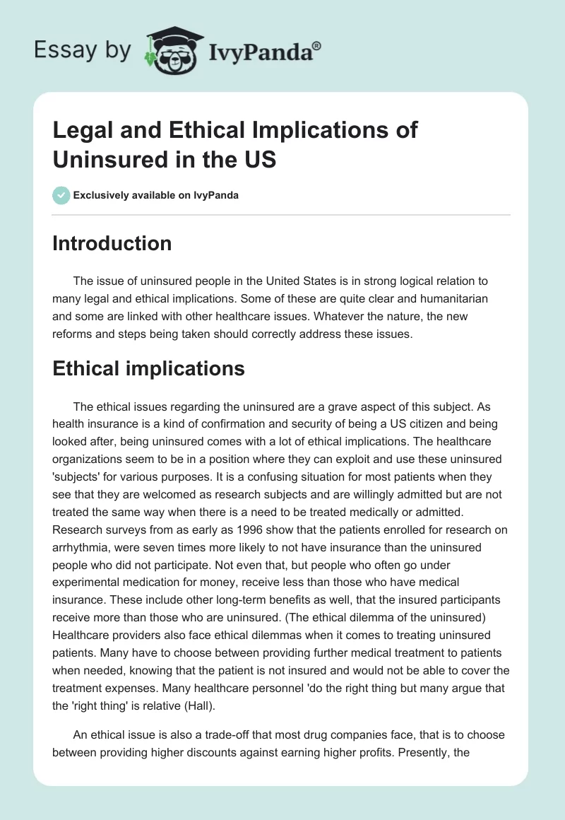 Legal and Ethical Implications of Uninsured in the US. Page 1