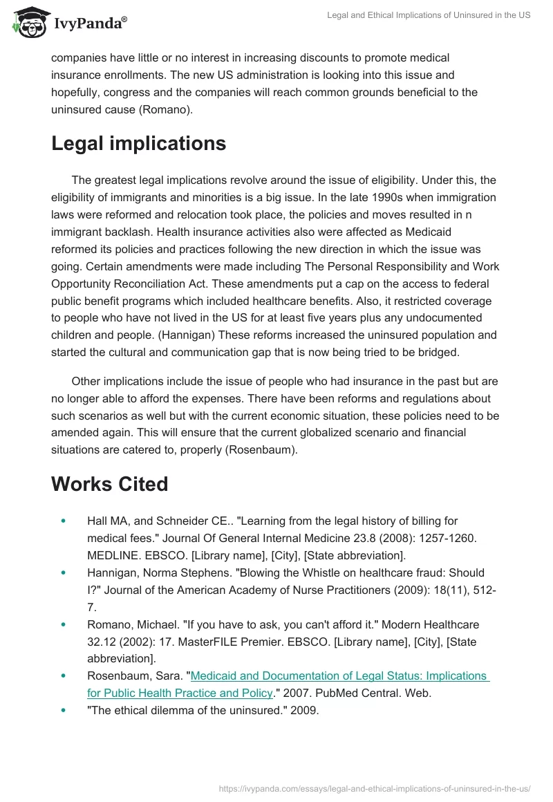 Legal and Ethical Implications of Uninsured in the US. Page 2