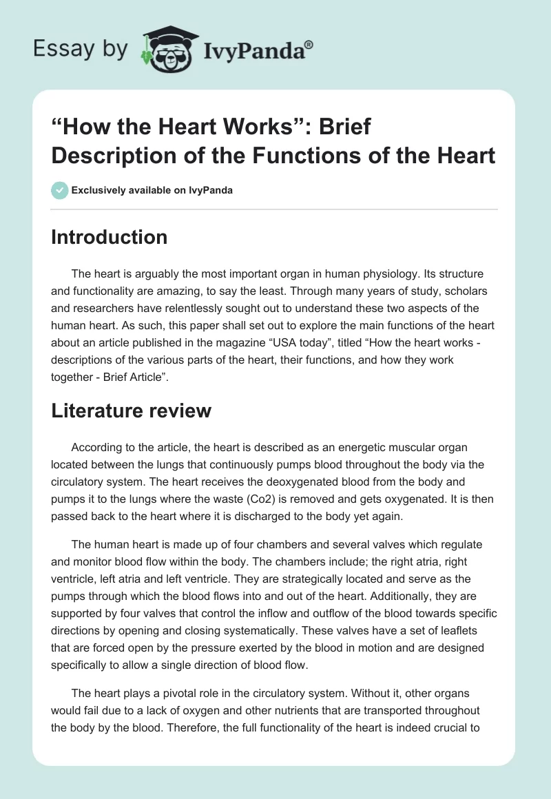 “How the Heart Works”: Brief Description of the Functions of the Heart. Page 1