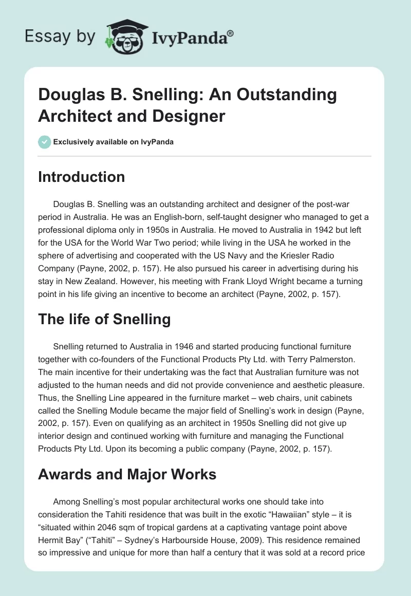 Douglas B. Snelling: An Outstanding Architect and Designer. Page 1