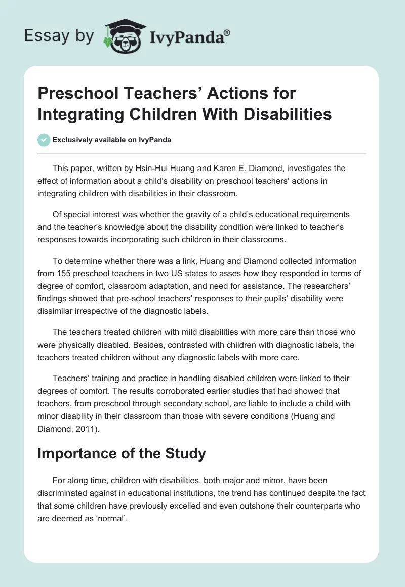Preschool Teachers’ Actions for Integrating Children With Disabilities. Page 1