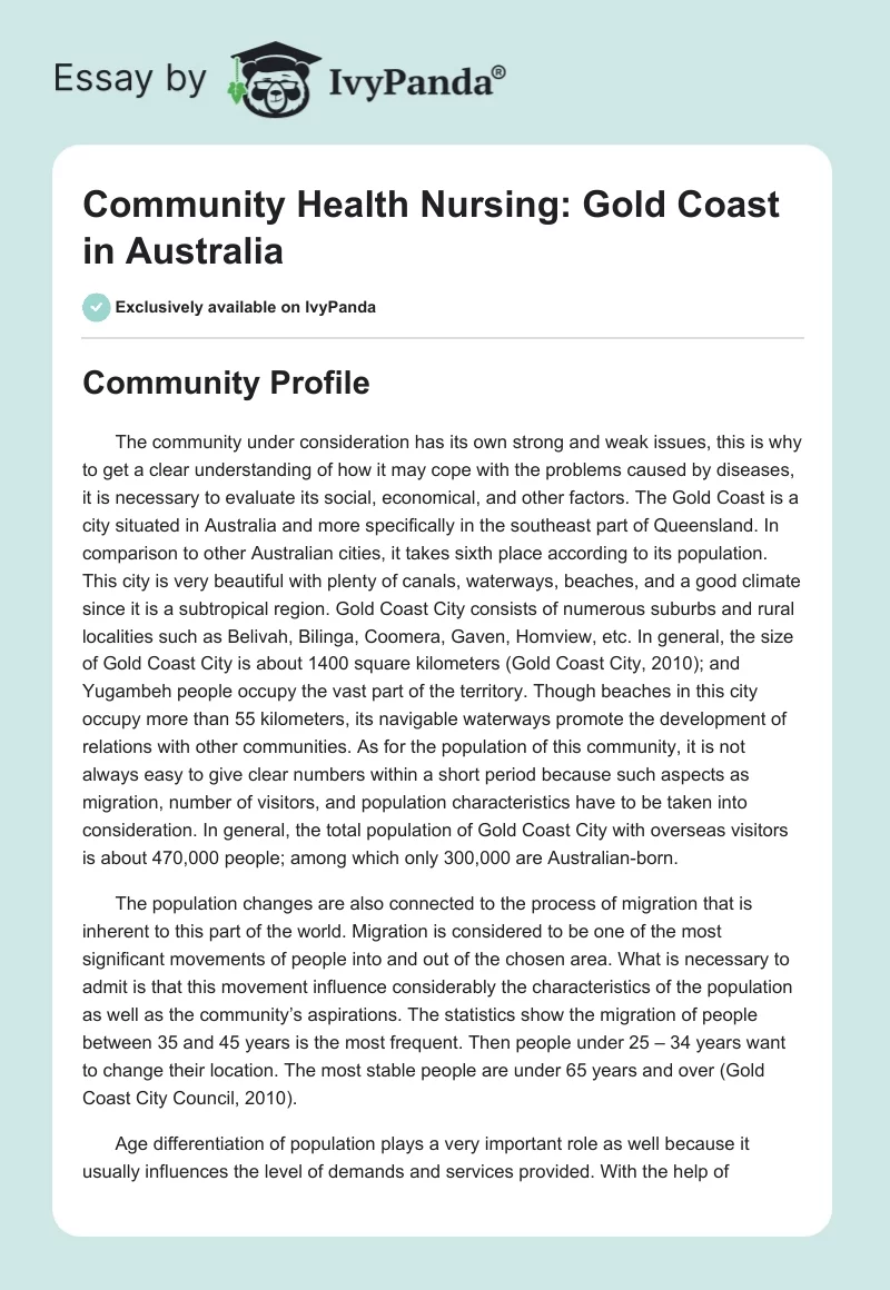 Community Health Nursing: Gold Coast in Australia. Page 1