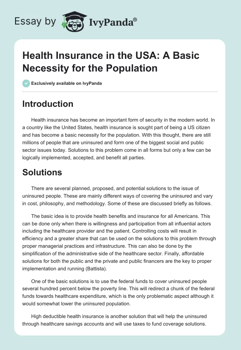 Health Insurance in the USA: A Basic Necessity for the Population. Page 1