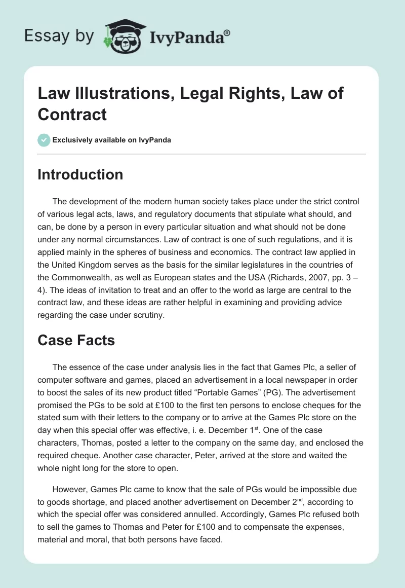 Law Illustrations, Legal Rights, Law of Contract. Page 1