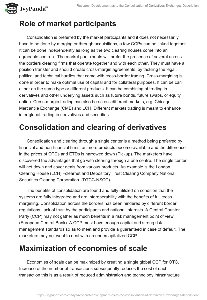 Research Development as to the Consolidation of Derivatives Exchanges Description. Page 2