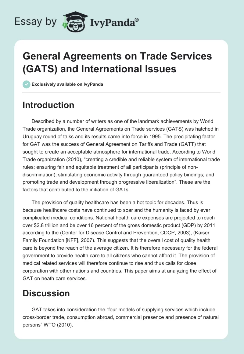 General Agreements on Trade Services (GATS) and International Issues. Page 1