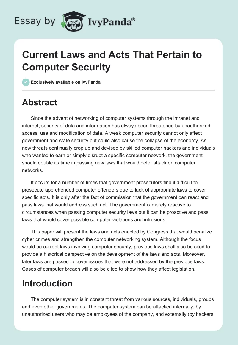 Current Laws and Acts That Pertain to Computer Security. Page 1