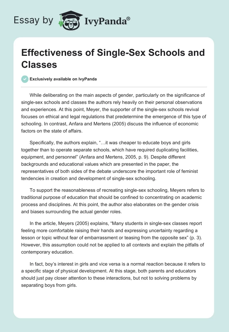 Effectiveness of Single-Sex Schools and Classes. Page 1