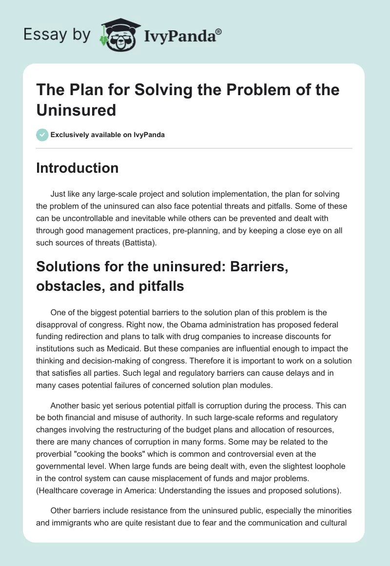 The Plan for Solving the Problem of the Uninsured. Page 1