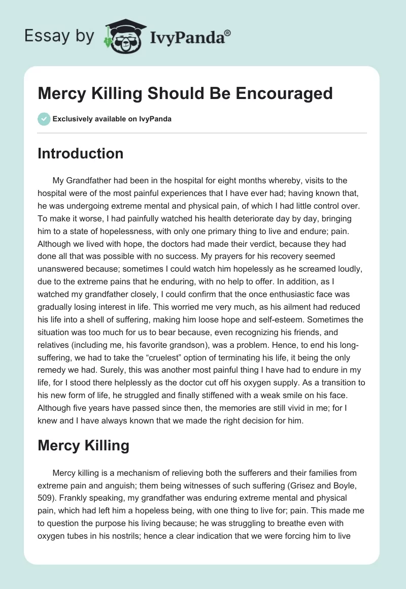 Mercy Killing Should Be Encouraged. Page 1