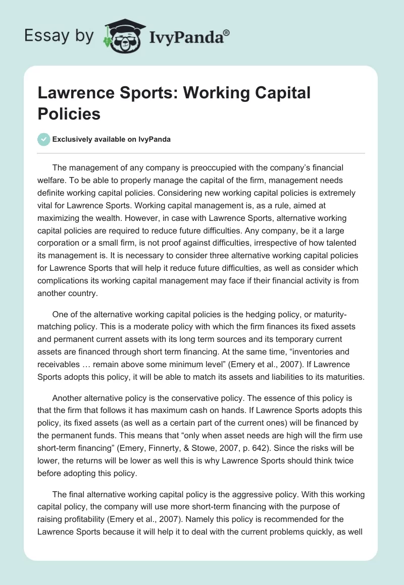 Lawrence Sports: Working Capital Policies. Page 1