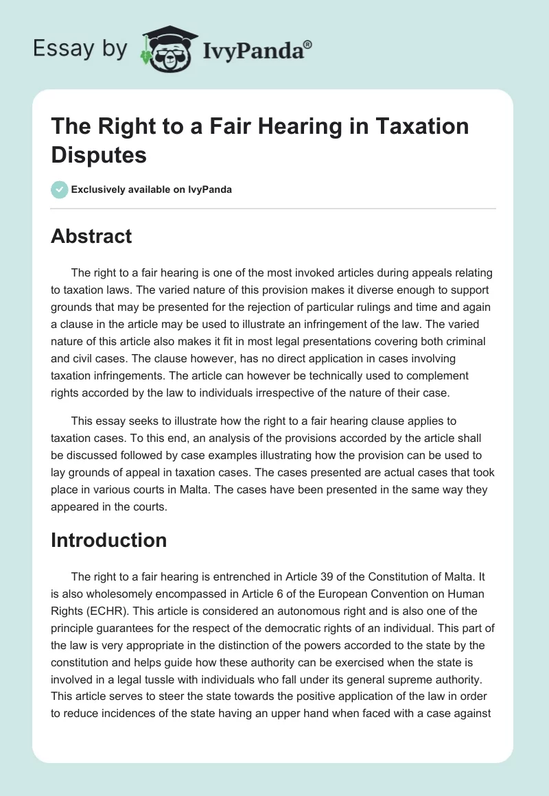 The Right to a Fair Hearing in Taxation Disputes. Page 1