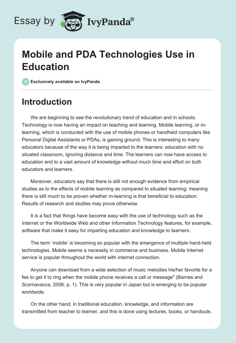 Mobile and PDA Technologies Use in Education. Page 1