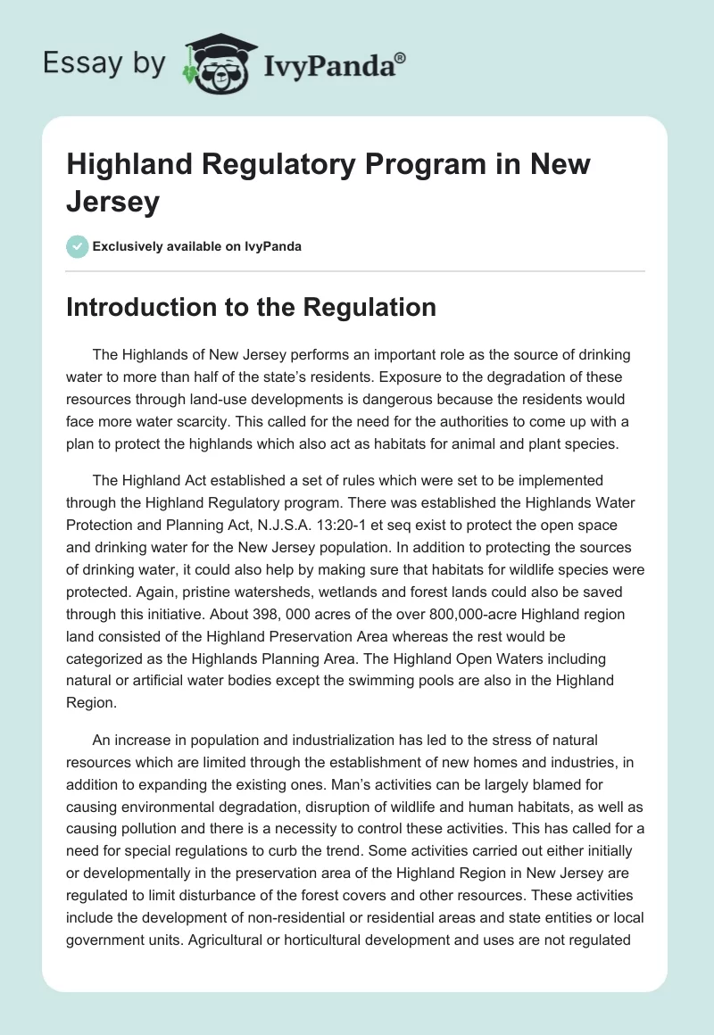 Highland Regulatory Program in New Jersey. Page 1