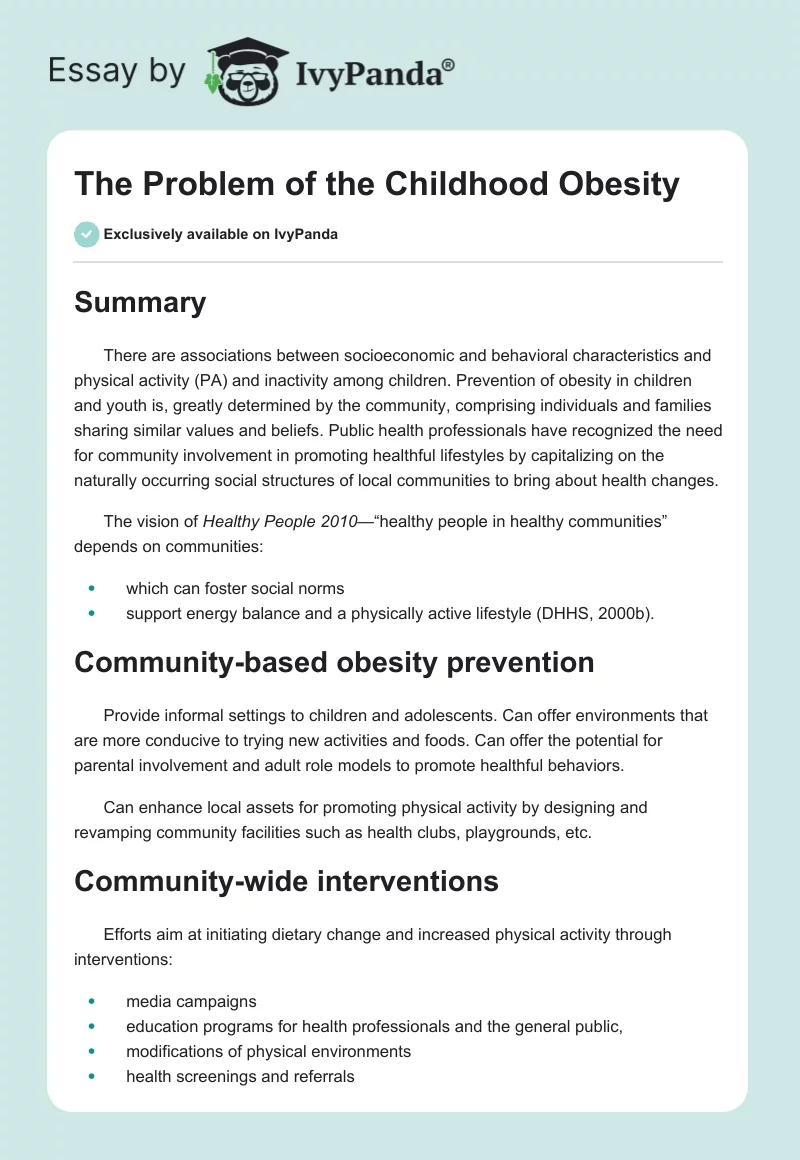The Problem of the Childhood Obesity. Page 1
