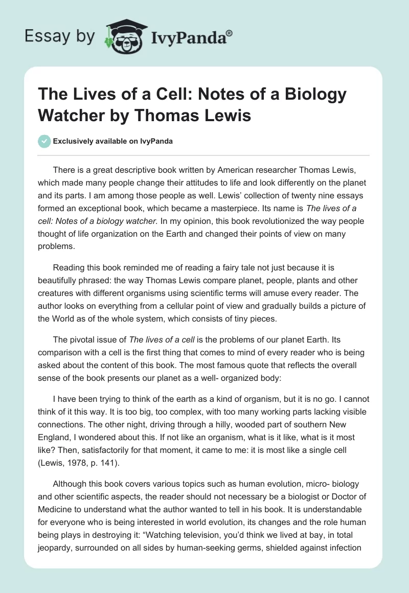 The Lives of a Cell: Notes of a Biology Watcher by Thomas Lewis. Page 1