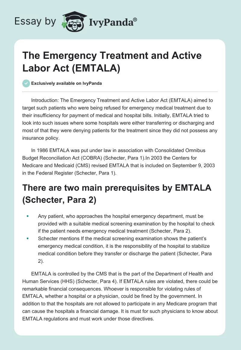 The Emergency Treatment and Active Labor Act (EMTALA). Page 1