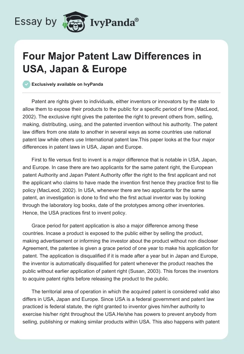 Four Major Patent Law Differences in USA, Japan & Europe. Page 1