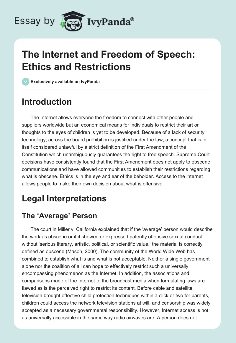 The Internet and Freedom of Speech: Ethics and Restrictions. Page 1