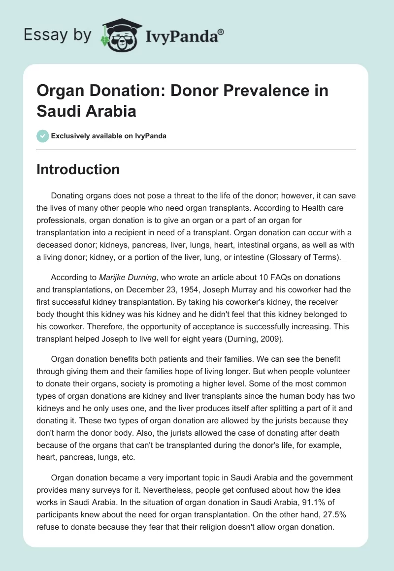 Organ Donation: Donor Prevalence in Saudi Arabia. Page 1