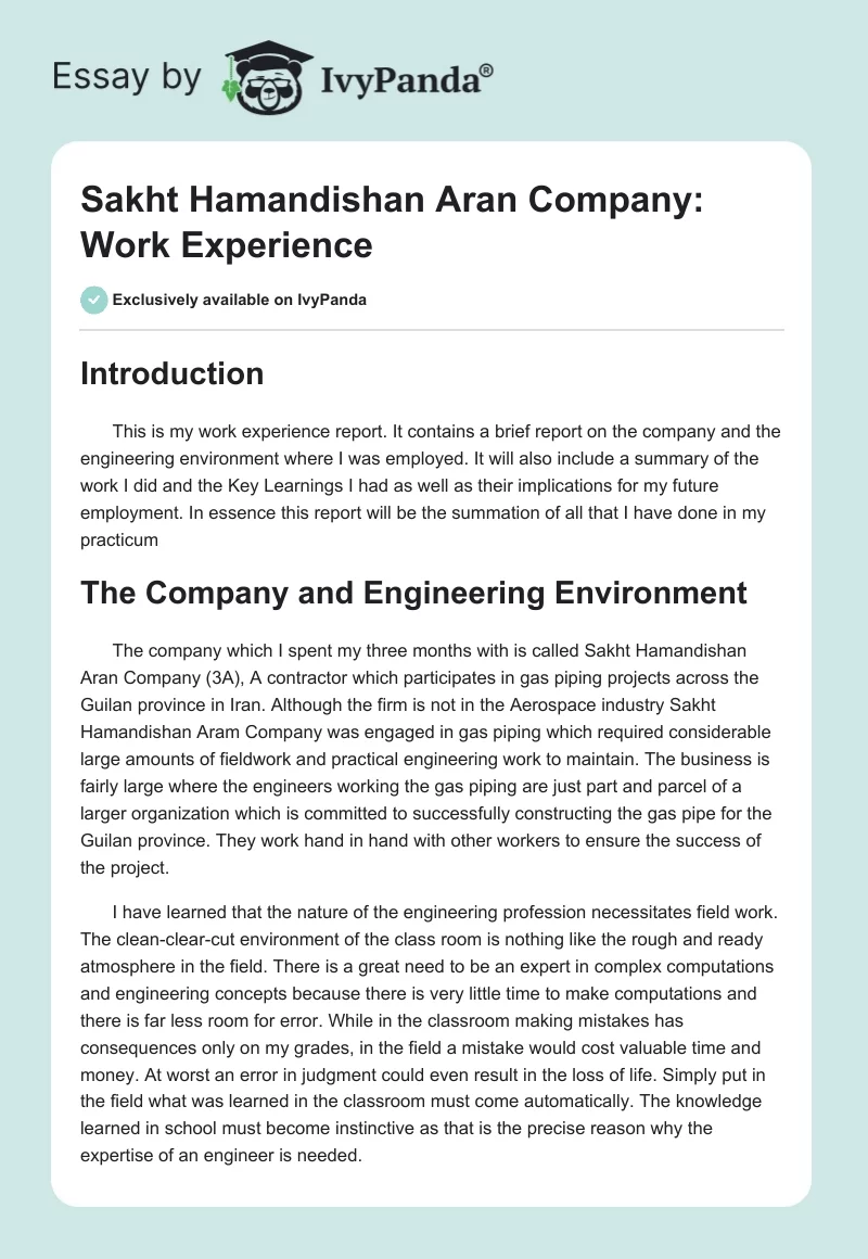 Sakht Hamandishan Aran Company: Work Experience. Page 1