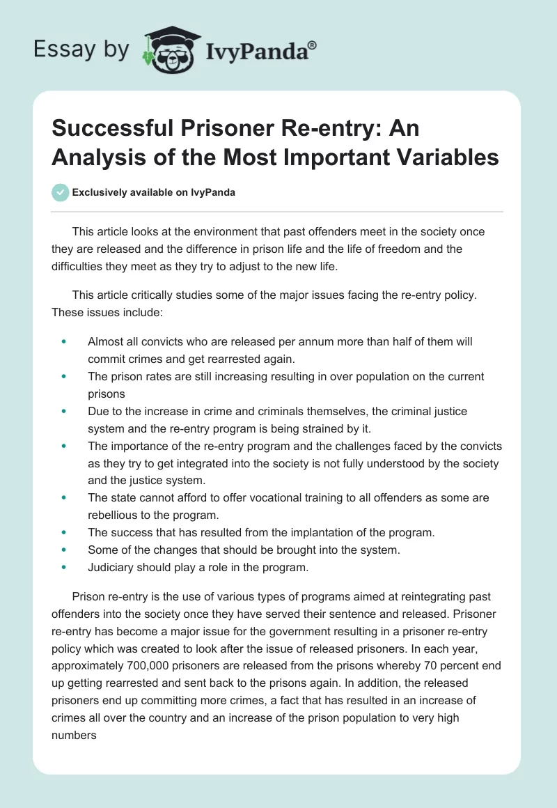 Successful Prisoner Re-entry: An Analysis of the Most Important Variables. Page 1