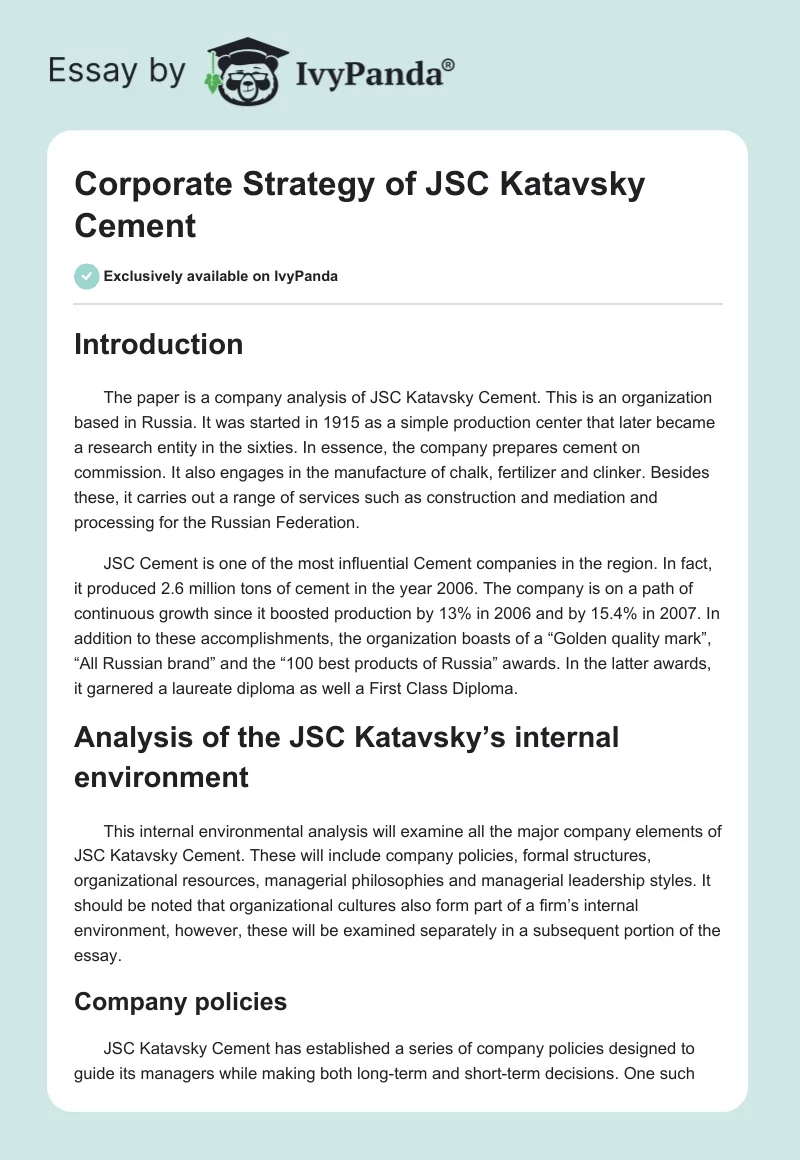 Corporate Strategy of JSC Katavsky Cement. Page 1