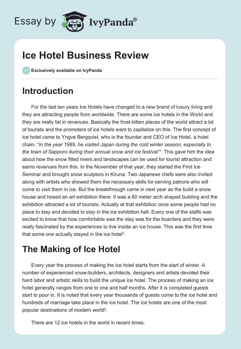 Ice Hotel Business Review. Page 1