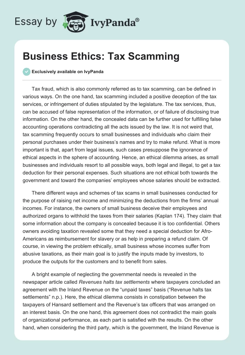 Business Ethics: Tax Scamming. Page 1