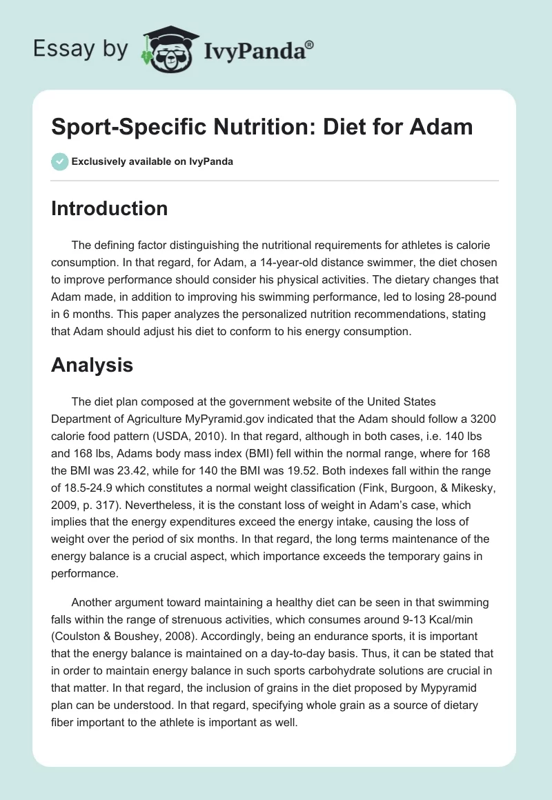 Sport-Specific Nutrition: Diet for Adam. Page 1